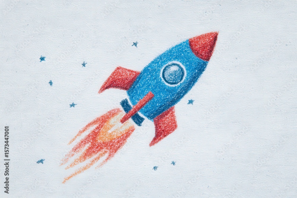 A vibrant rocket ascends into the sky, surrounded by stars. The rocket features a blue body with red accents. Bright flames erupt from its engines, indicating swift movement.