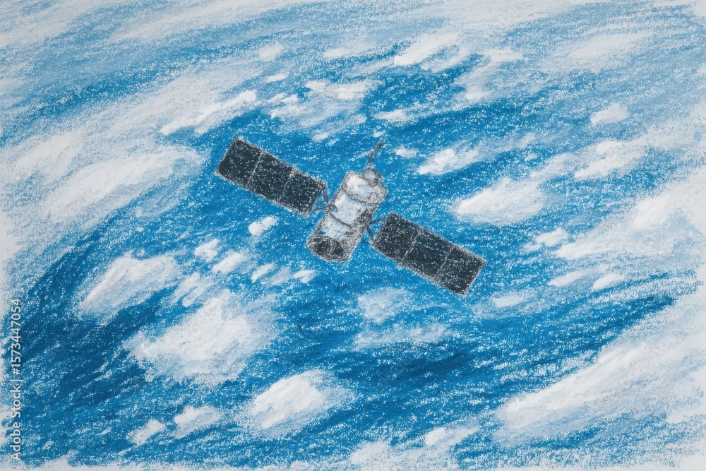 A satellite floats high above the Earth, capturing the breathtaking view of blue skies and soft, white clouds. This scene represents human ingenuity and exploration in outer space.