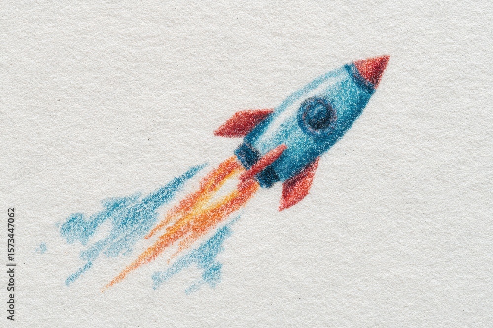 A colorful retro rocket is depicted, launching upward with bright orange and blue flames trailing behind. The setting shows a textured background, adding depth to the scene.
