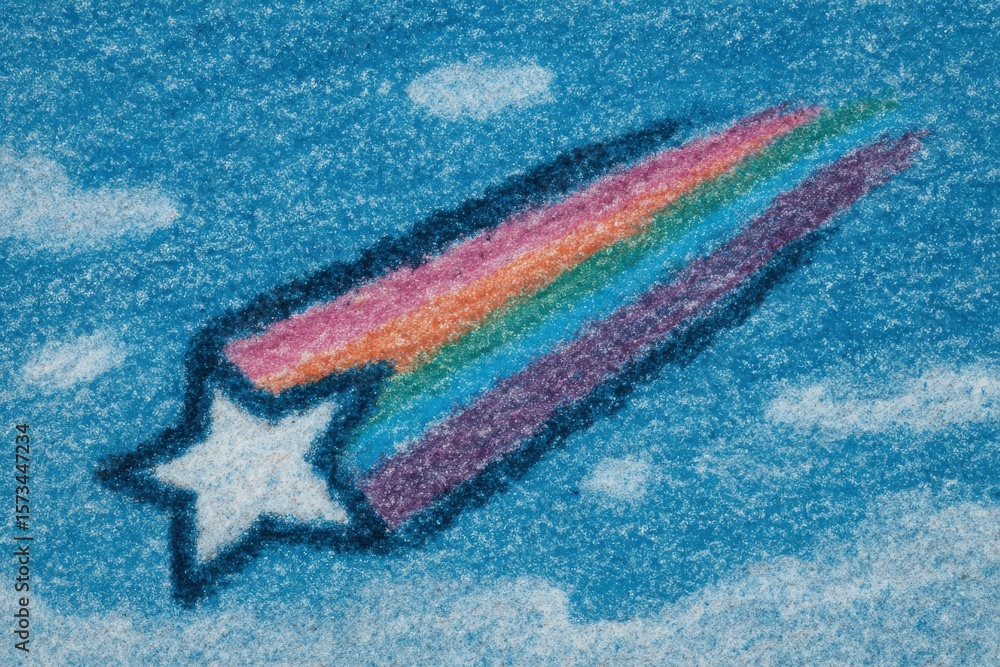 A vibrant shooting star featuring rainbow colors streaks across a bright blue sky filled with fluffy clouds. This sand art captures a whimsical moment, showcasing creativity and imagination.