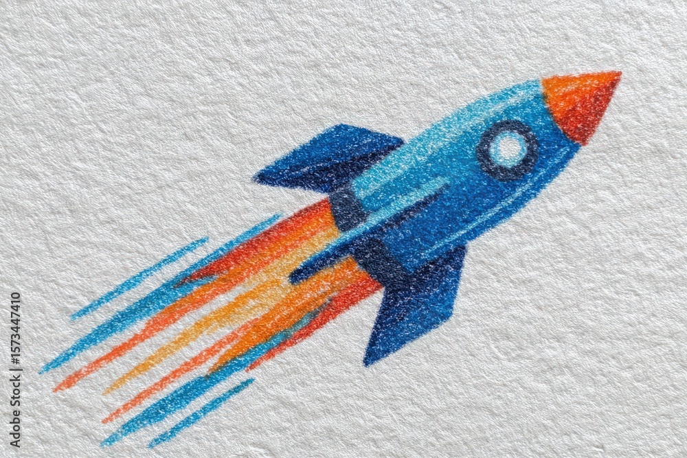 A stylized rocket zooms upwards with colorful flames trailing behind. This dynamic design features shades of blue and orange. The artwork emphasizes motion and creativity.