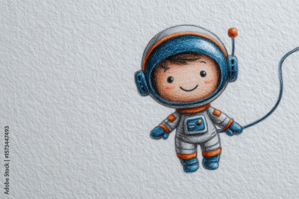 A cheerful cartoon astronaut stands with a playful expression, wearing a classic space suit with vibrant colors. The character is designed with soft, rounded features and a space helmet.