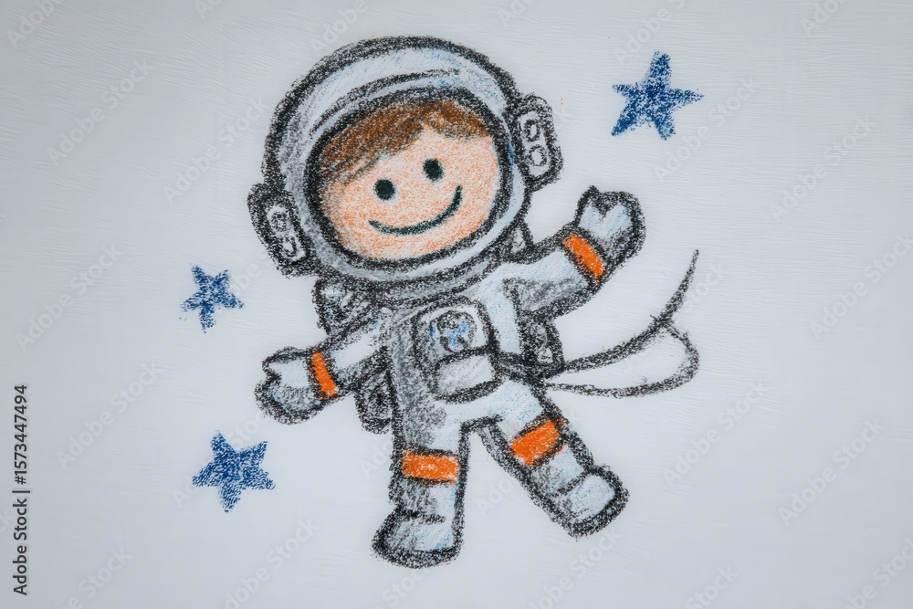 A cheerful astronaut character with a smiling face and a space suit stands against a backdrop of blue stars. The drawing showcases vibrant colors and conveys a sense of joy and adventure in space.