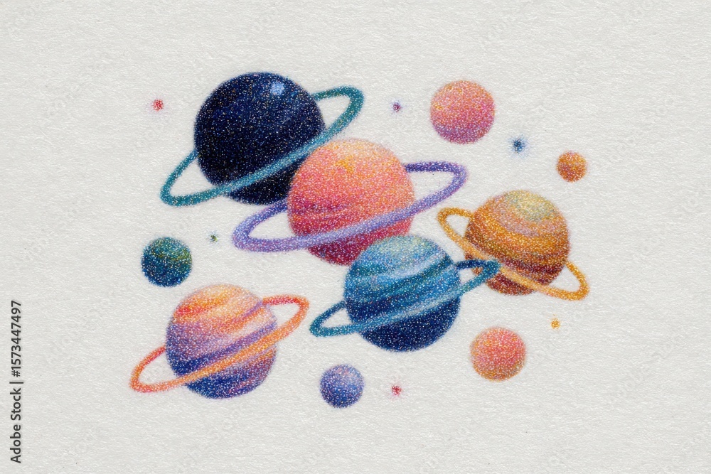 A vibrant arrangement of celestial bodies showcases various planets in a colorful cosmic environment, featuring distinct rings and star-like elements, creating a captivating outer space visualization.