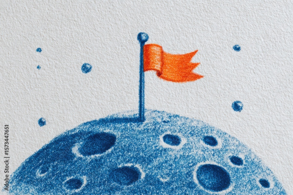 A small orange flag stands tall on a blue moon decorated with craters. Surrounding the moon are floating dots representing stars in a deep space setting, suggesting exploration and discovery.