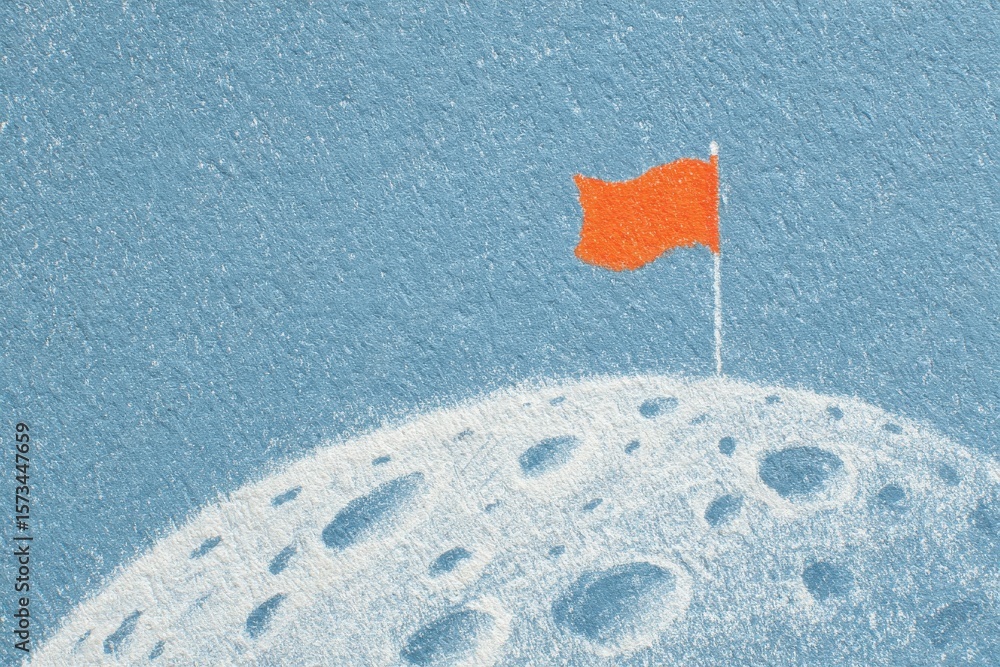 A small, bright orange flag stands proudly on a white lunar landscape, highlighting the texture of the moons surface.