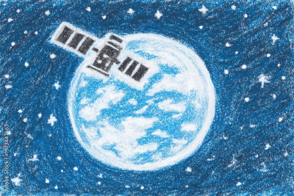 A satellite is seen orbiting a vibrant blue and white planet surrounded by a deep blue space filled with stars. The swirling patterns evoke a dynamic and imaginative cosmic journey.