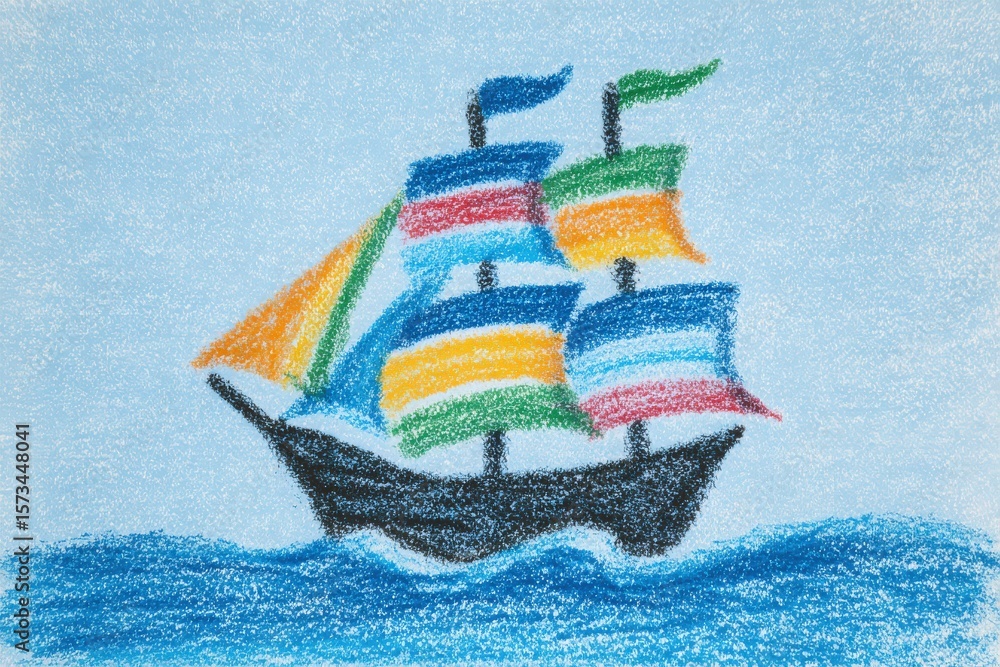 A vibrant sailboat with multiple colorful sails is floating on calm blue waters. The clear sky highlights the boats colors, creating a cheerful maritime scene.