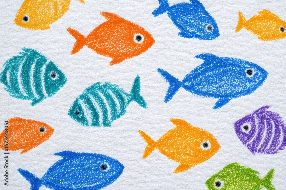 A vibrant collection of various fish in shades of blue, orange, green, and purple are swimming on a textured white background, creating a lively and cheerful aquatic atmosphere.