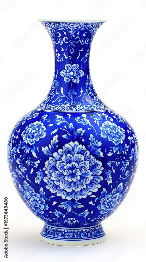 This stunning vase features a vibrant blue background adorned with delicate white floral patterns. Its elegant shape and fine detailing highlight the artistry in ceramic craftsmanship.