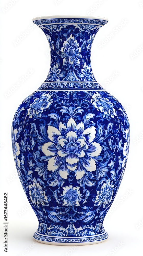 A stunning blue and white porcelain vase showcases intricate floral designs, highlighting classic craftsmanship.
