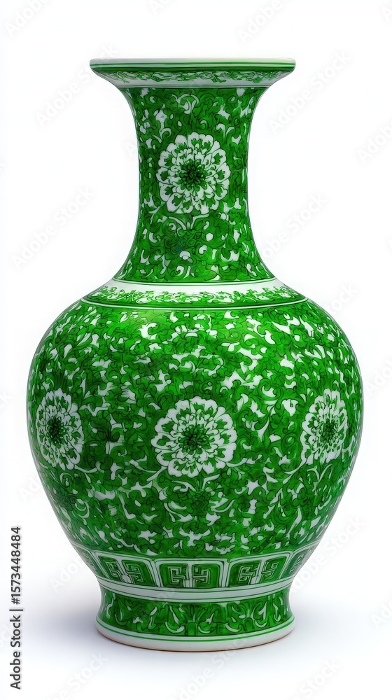 A beautifully crafted green porcelain vase features a detailed floral pattern in white. The design covers the entire surface, emphasizing traditional artistry. Ideal for home decor display.