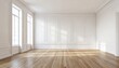 © Oleksandr - Spacious empty room interior featuring polished wooden floor, clean white wall paneling with classic molding details. Large windows allow bright natural sunlight to stream into airy, uncluttered