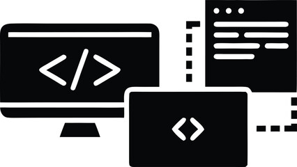 Photo of screens displaying code, representing software development and programming