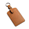 © Poly - Elegant tan leather luggage tag with white stitching and metal ring isolated on transparent background