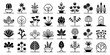 © Vector Icon - Collection of stylized plant and tree icons with a minimalist silhouette design isolated on white background