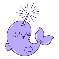 Wall Mural - illustration of a traditional tattoo style happy narwhal in bright neon color