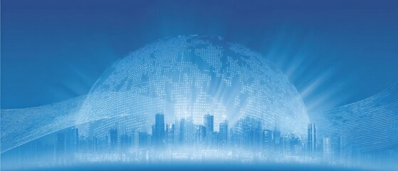Wall Mural - blue gradient background with a digital globe and cityscape silhouette, a technology banner for a bu