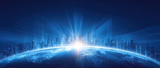 Wall Mural - abstract digital blue background with a city skyline and a globe, light rays, and a technology banne