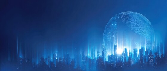 Wall Mural - blue gradient background with a digital globe and cityscape silhouette, a technology banner for a bu