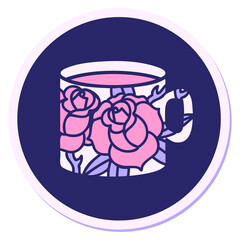 Wall Mural - sticker of tattoo in traditional style of a cup and flowers in bright neon color