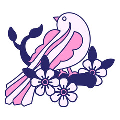 Wall Mural - tattoo in traditional style of a bird on a branch in bright neon color