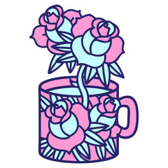 Wall Mural - tattoo in traditional style of a cup and flowers in bright neon color