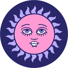 Wall Mural - iconic tattoo style image of a sun with face in bright neon color