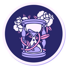 Wall Mural - sticker of tattoo in traditional style of an hour glass and flowers in bright neon color