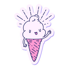Wall Mural - sticker of a tattoo style ice cream character waving in bright neon color