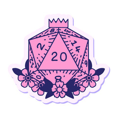 Wall Mural - sticker of a natural 20 d20 dice roll with floral elements in bright neon color