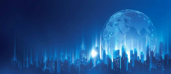 Wall Mural - blue gradient background with a digital globe and cityscape silhouette, a technology banner for a bu