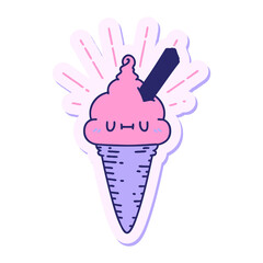 Wall Mural - sticker of a tattoo style ice cream character in bright neon color