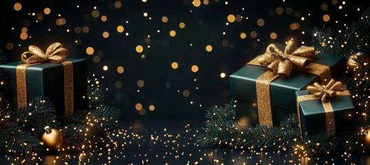 Wall Mural - charming green gift boxes adorned with sparkling gold ribbons for a luxurious christmas celebration.