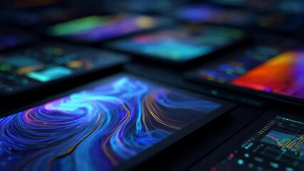 Wall Mural - enigmatic portrayal of swirling neon data flows cascading over sleek displays epitomizing the fusion