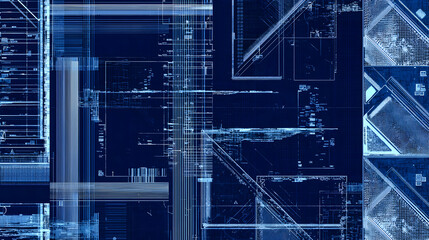 Abstract digital design with lines and geometric shapes in shades of blue.