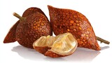 Two reddish-brown, textured fruits, resembling salak, rest on a white background; one is partially peeled, revealing pale yellow flesh; a small twig is attached