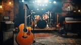selective focus microphone and blur musical equipment guitar ,bass, drum piano background.