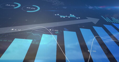 Wall Mural - Displaying dashboard showing ascending bar chart with line graph on grid, with progress indicators