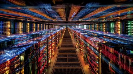 Wall Mural - light trails illuminating network cables in a server room, highlighting the rapid transfer of big da