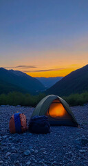 Wall Mural - A camping tent has been set up on the hillside, with a warm orange light glowing softly from within, illuminating the surrounding camping equipment laid out in front.