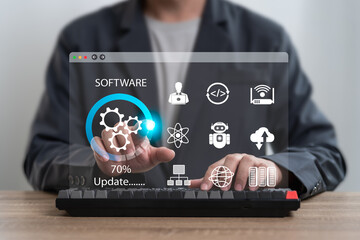 system upgrade and software update process concept, businessman show loading bar while updating the 