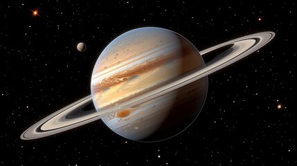 Wall Mural - Ringed planet with banded cloud cover, small moon visible, set against starfield