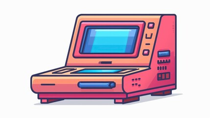 Retro gaming device with a screen and buttons, rendered in pink and blue on a white background
