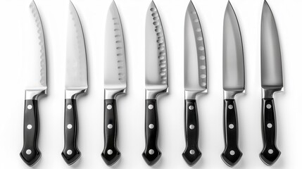 Kitchen knives Seven stainless steel knives with black handles lined up on a white surface