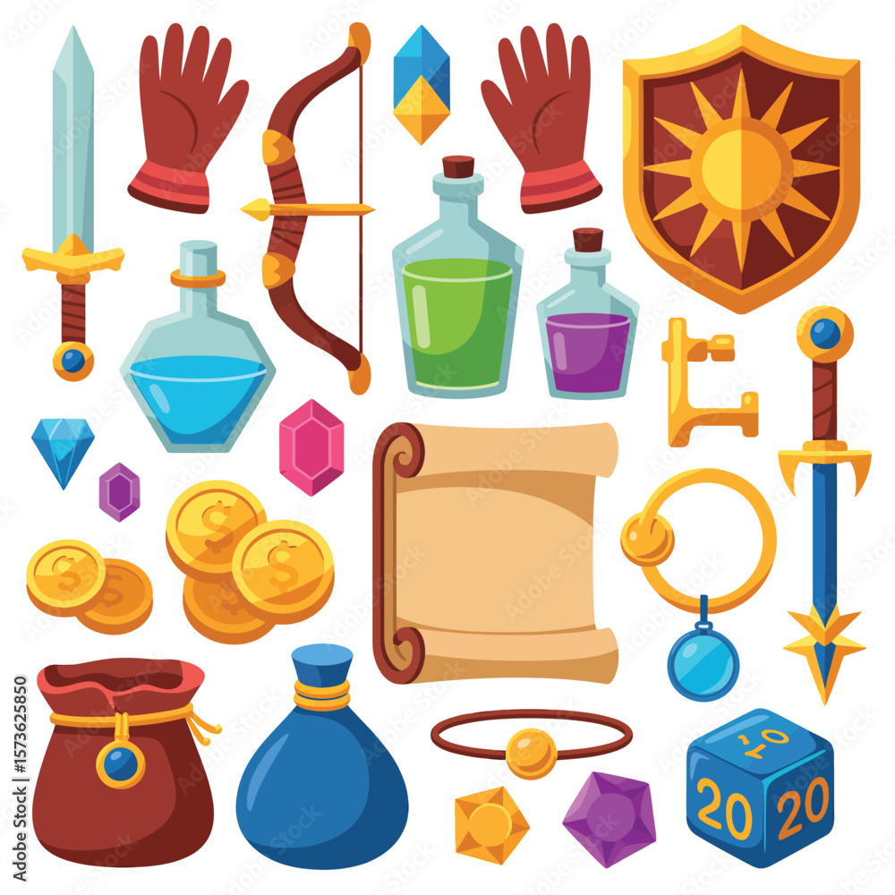 Collection of fantasy game items including swords potions gems and ...