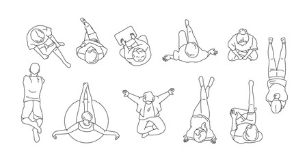 Wall Mural - Simple line art illustration showing top views of people. Various poses including sitting, lying, and stretching. Minimalist style with a focus on geometric shapes.