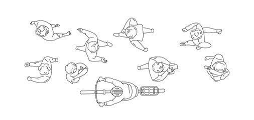 Wall Mural - Line drawing of people viewed from above. Various individuals in casual outfits surround a person on a scooter on white background. Illustrative style.