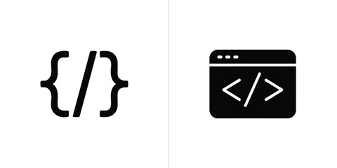 Code Symbols Brackets with Slash and Tag Icon in Window, Black and White