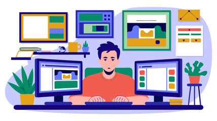 Digital workspace representation of a person surrounded by screens and displaying interface elements